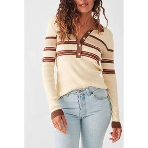 Faherty Mikki Polo Sweater Retro Fall Stripe Cotton Cashmere Beige Ribbed Knit